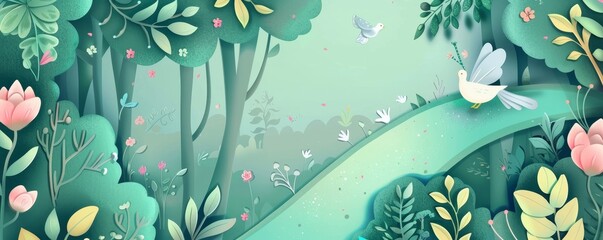 Whimsical illustration of a serene forest landscape with birds, foliage, and flowers, perfect for nature and spring themes.