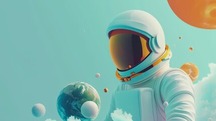 Astronaut in space exploring cosmos with planets in background. Concept of adventure, discovery, and interstellar travel.