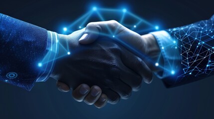 A business handshake with digital interface elements surrounding