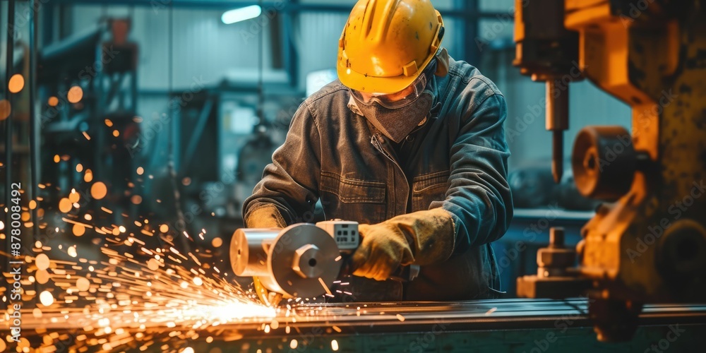 Poster smart engineer checking iron machine in factory while wearing safety helmet. professional industrial