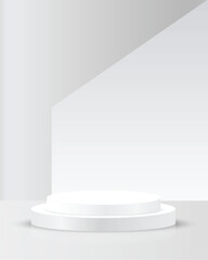 Abstract silver cylinder pedestal podium design. Blank empty space room, stage grey. Abstract minimal white empty room concept 3d shape scene products display, Stage showcase presentation
