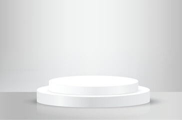 Abstract silver cylinder pedestal podium design. Blank empty space room, stage grey. Abstract minimal white empty room concept 3d shape scene products display, Stage showcase presentation
