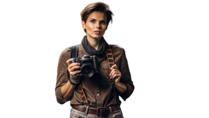 Confident Female Photographer Holding Camera Ready for Shoot