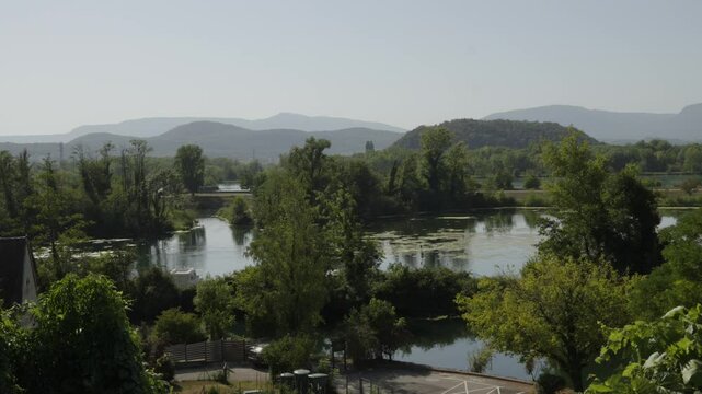 Recreational park, green space in small village Chanaz in France, Europe
