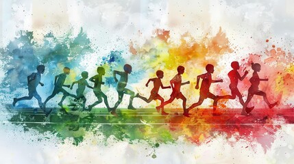 Silhouettes of runners in a colorful abstract background representing teamwork,  competition, and unity.