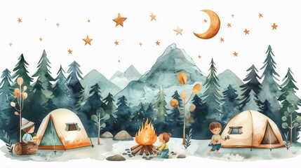 Watercolor illustration of two children camping in the forest, with a campfire, tents and starry night sky.