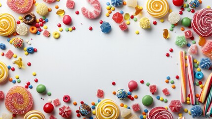 Fototapeta premium Colorful candies and sweets creating a vibrant frame around a white copy space