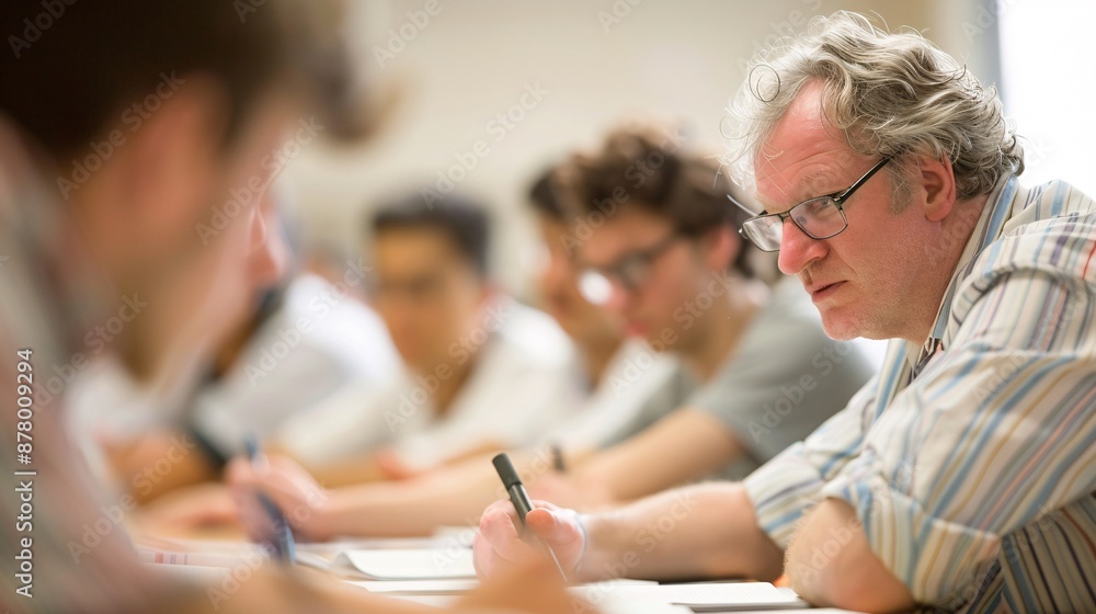 Poster editorial style photo of a small group of students receiving instruction from a professor, dynamic c