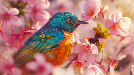 Fototapeta premium Vibrant bird with blue and orange feathers perched among delicate pink blossoms, capturing the beauty of springtime nature..