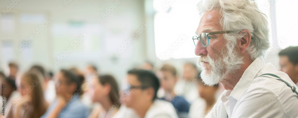 Poster editorial style photo of a small group of students receiving instruction from a professor, dynamic c