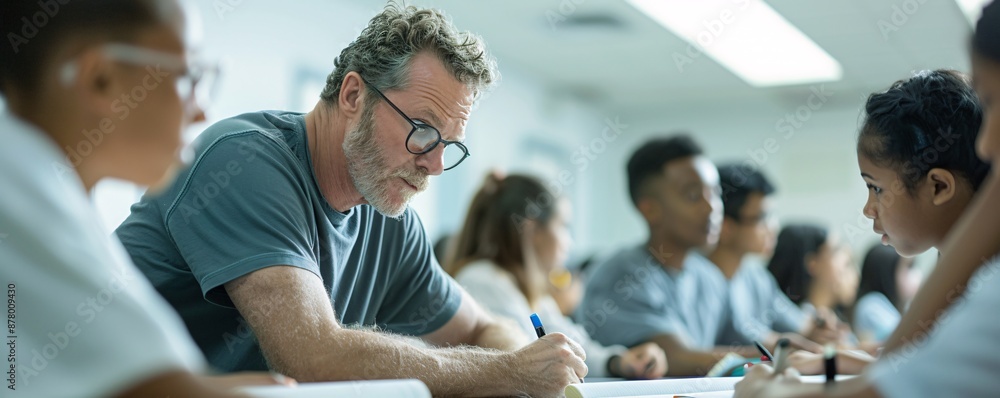 Poster editorial style photo of a small group of students receiving instruction from a professor, dynamic c