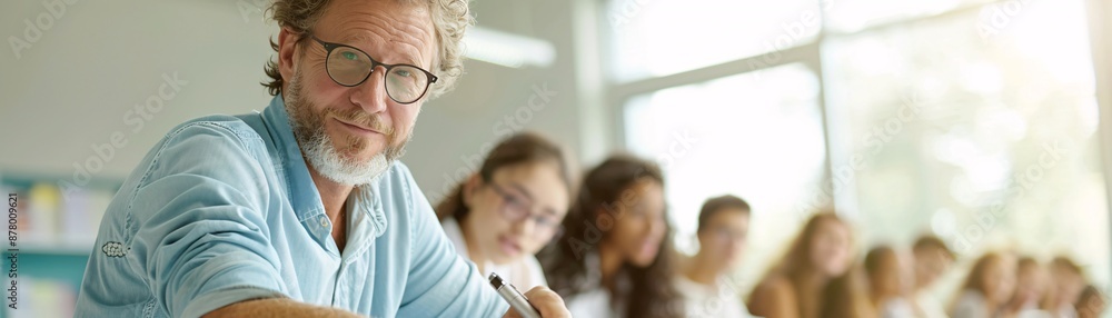 Poster editorial style photo of a small group of students receiving instruction from a professor, dynamic c