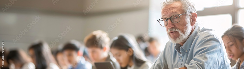 Poster editorial style photo of a small group of students receiving instruction from a professor, dynamic c