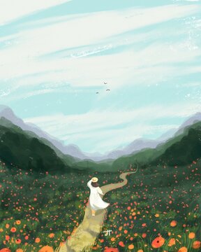 A woman walks along a field road with flowers. Hand-drawn landscape with mountains.