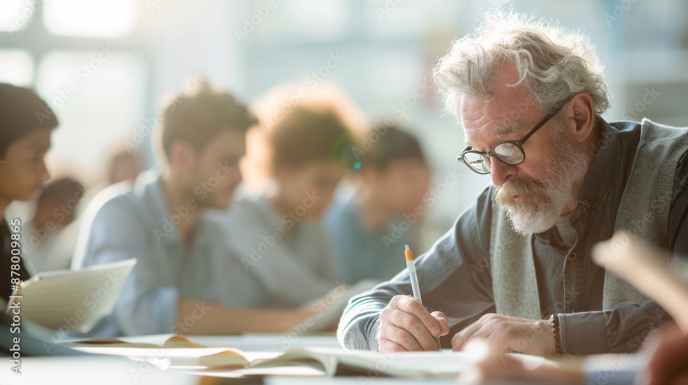 Poster editorial style photo of a small group of students receiving instruction from a professor, dynamic c