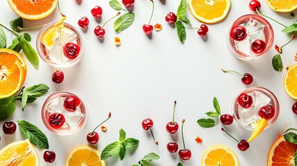 Fresh garnishes for cocktails like cherries, citrus twists, and mint leaves forming a minimalist frame around a central copy space