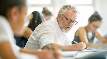 Editorial style photo of a small group of students receiving instruction from a professor, dynamic composition, bright classroom, engaging expressions