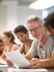 Fototapeta premium Editorial style photo of a small group of students receiving instruction from a professor, dynamic composition, bright classroom, engaging expressions