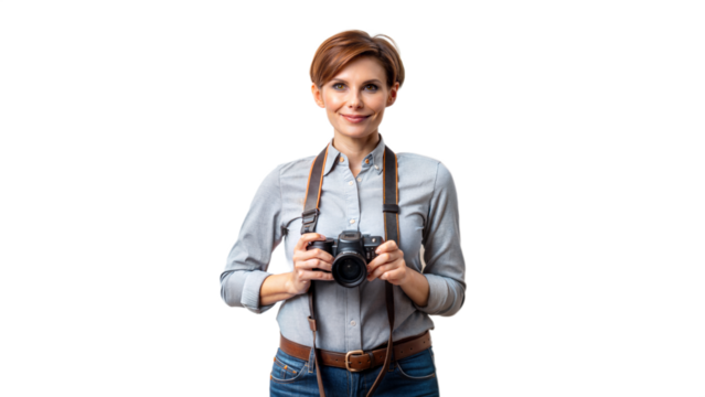 Professional Photographer Holding Camera Isolated on White Background