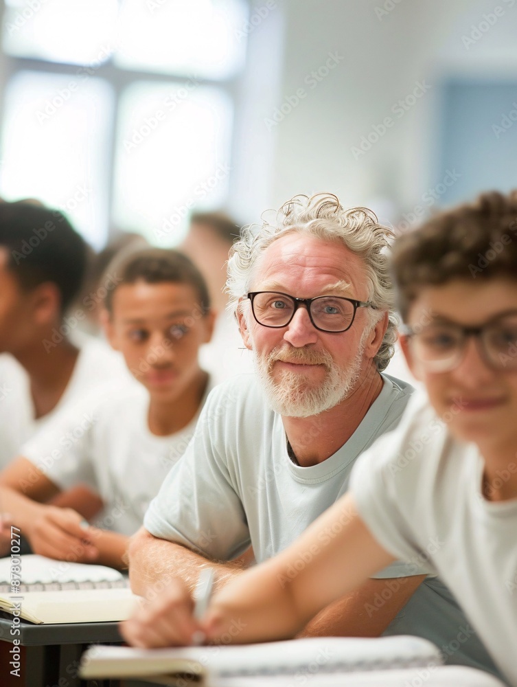 Poster editorial style photo of a small group of students receiving instruction from a professor, dynamic c