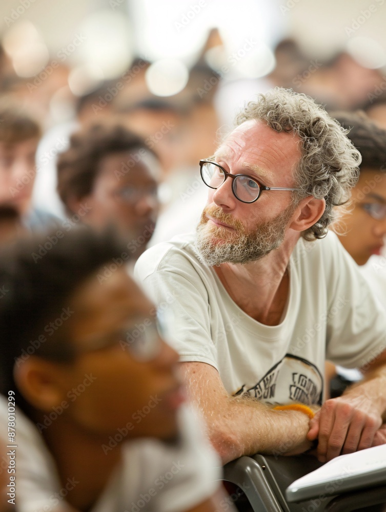 Poster editorial style photo of a small group of students receiving instruction from a professor, dynamic c