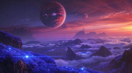 TRAPPIST-1eの想像イラスト。空には赤みがかった巨大なトラピスト1が輝き、その周りを宝石のように輝く惑星が取り囲んでいる。青い植物が地表を覆い、活火山からは煙が上がっている