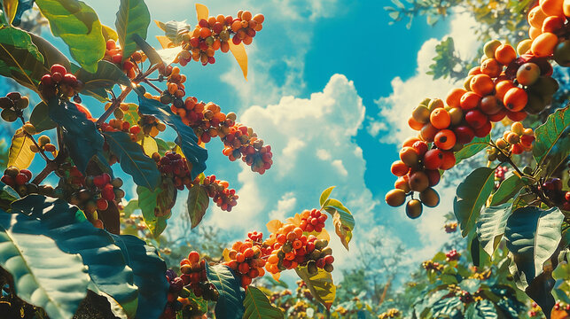 
A close-up of coffee trees with clusters of ripe berries, set against a bright blue sky and rich foliage