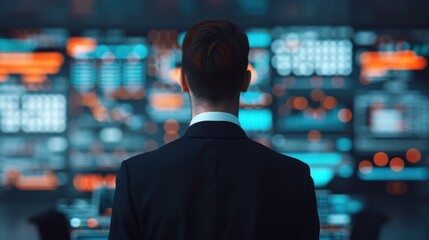 Fototapeta premium A businessman in a modern workspace with holographic data projections