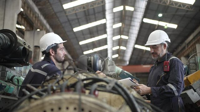 Engineer is working at train machine part factory.
