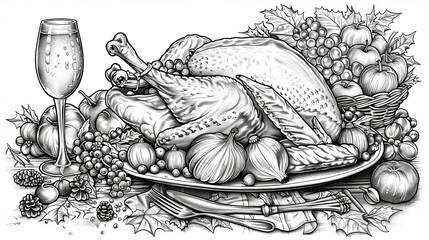 coloring book The image shows a delicious-looking turkey surrounded by fruits and vegetables