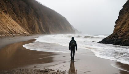 Beach Unknowns in Cloudy Winter: The Traveler's Tour Overwhelmed in Landslide