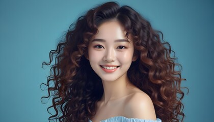 Pretty Asian beauty woman curly long hair with Korean makeup glowing face and healthy facial skin portrait smile on isolated blue background. 
