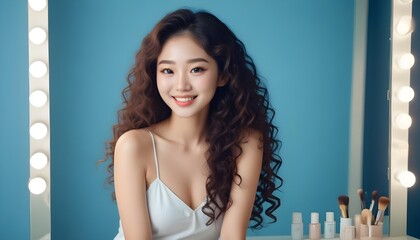 Pretty Asian beauty woman curly long hair with Korean makeup glowing face and healthy facial skin portrait smile and looking at mirror on isolated blue background.