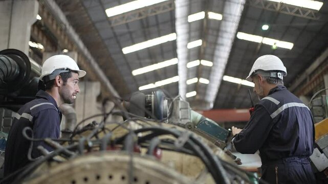 Engineer is working at train machine part factory.