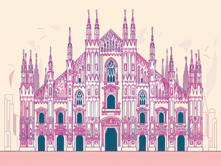 Fototapeta premium Risograph riso print travel poster, card, wallpaper or banner illustration, modern, isolated, clear and simple of Duomo di Milano, Milan, Italy. Artistic, screen printing, retro, vintage
