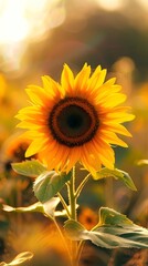 Fototapeta premium A vibrant sunflower stands tall against a blurred background of sunlight and greenery, highlighting its bright yellow petals and textured dark center.