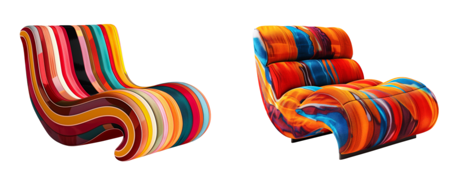 Colorful retro velvet lounge chair on transparent background.