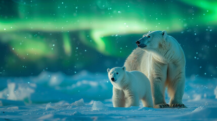 artic bears under aurora sky