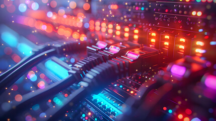 Fiber Optic cables connected to optic ports and Network cables connected to ethernet ports