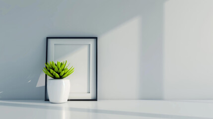 Elegant frame mockup poster on white wall with plant decor, window light  shadow. Empty frame isolated with reflection and transparency.