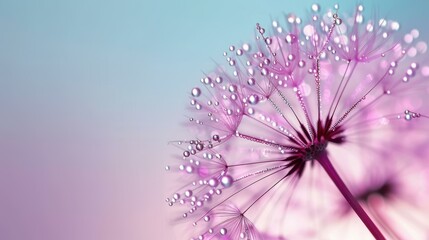 Stunning macro shot of dew drops on a dandelion seed with a soft blue and violet backdrop.