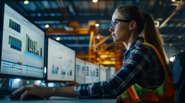 Female manager using computer for real-time digital tracking systems in global trade network at office, Transportation and logistics concept.