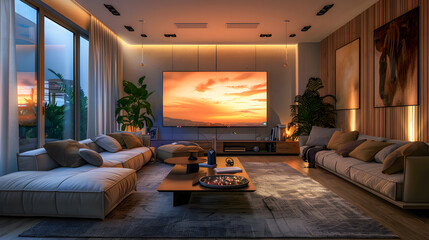 Fototapeta premium Big Tv In A Living Room. Elegant living room with big tv screen