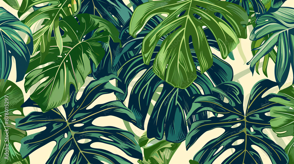 Aufkleber abstract vector line art drawing of monstera leaves on a white background, using a green and gray co