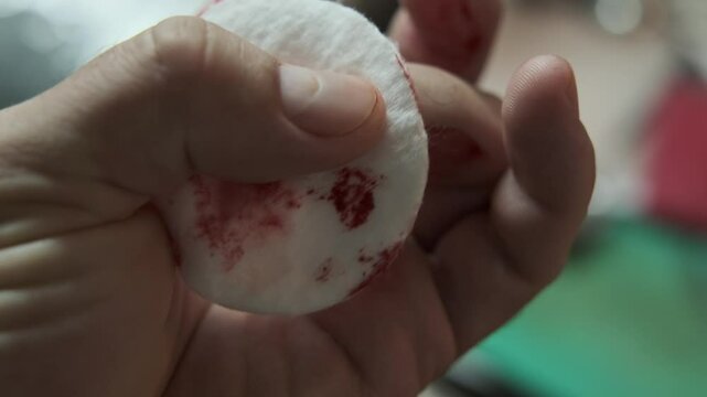 Close-up of a hand with cut finger being treated with a cotton pad to stop the bleeding while washing dishes, highlighting first aid care in everyday kitchen accidents