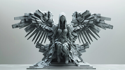A detailed statue of an angel with mechanical wings, blending futuristic and gothic elements