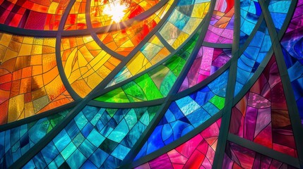A close-up view of a colorful stained glass window with sunlight shining through