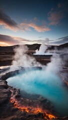 Fototapeta premium An image of a geothermal spring with hot springs, emitting steam and water from the earth.