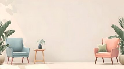 Fototapeta premium A colorful room with two orange chairs and a blue table