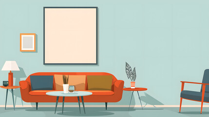 A colorful room with two orange chairs and a blue table
